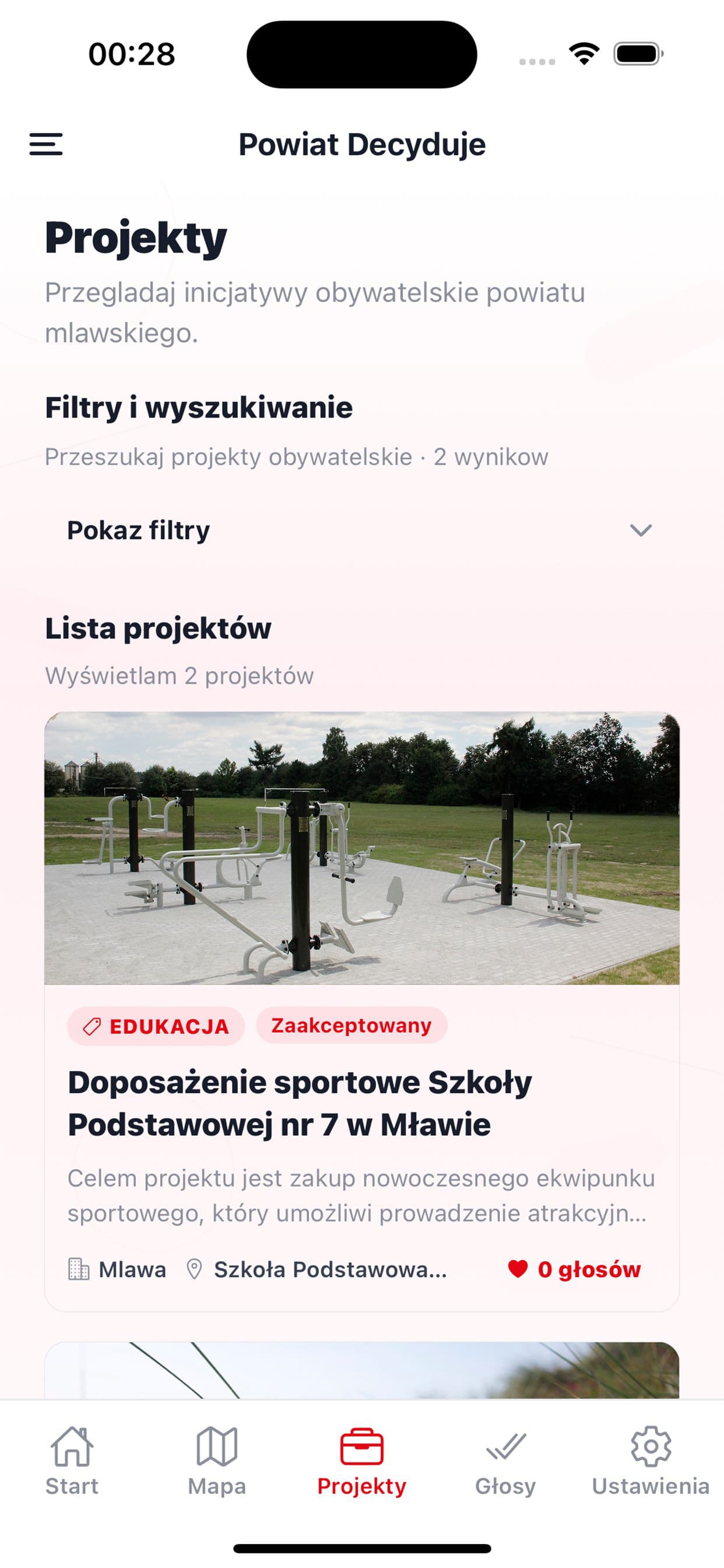 Lista projektów w aplikacji Powiat Decyduje